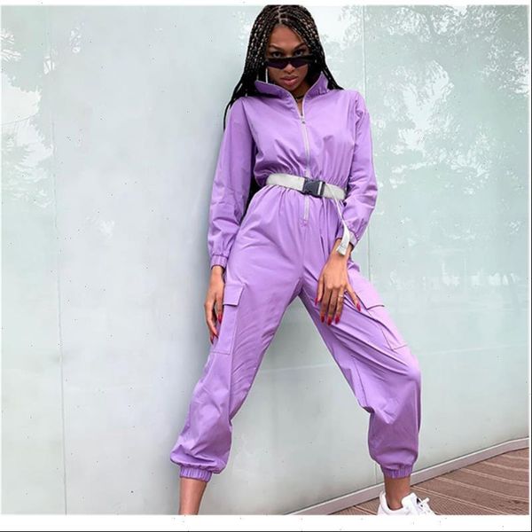 

womens new zipper half stand collar big pocket loose with belt women casual go out sport overalls purple playsuits, Black;white