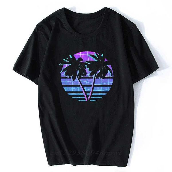 

vaporwave palm trees vintage retro style t-shirts streetwear short sleeve tees summer men aesthetic clothes camisetas hombre 210629, White;black