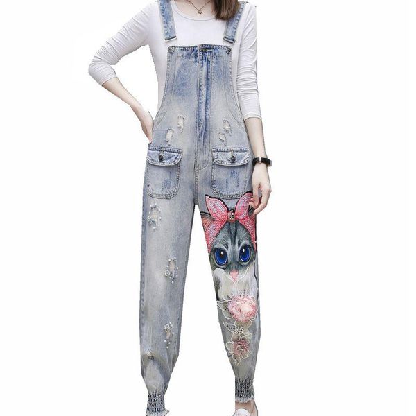 

women's jumpsuits & rompers hole loose beaded jean pants female casual long women printing cartoon cat denim overalls, Black;white