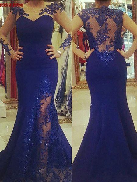 

party dresses blue formal evening gown elegant mermaid appliques beads lace long sleeve for women vestidos de fiesta noche, White;black