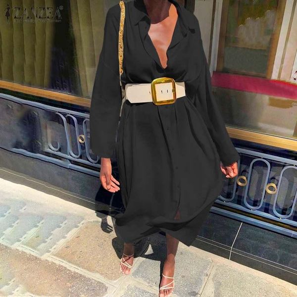 

casual dresses zanzea bohemian lapel maxi women autumn shirt dress 2021 fashion solid party robe longue lady long sleeve vestido, Black;gray