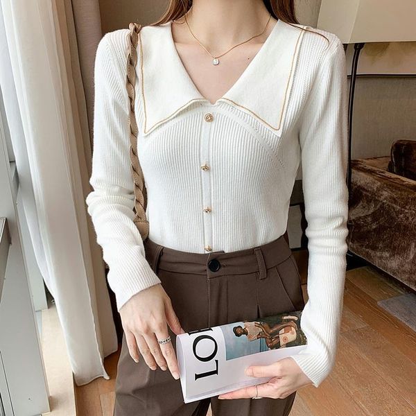

women's knits & tees 2021 autumn and winter western style youthful-looking doll collar sweater loose long sleeve inner wear base small, White