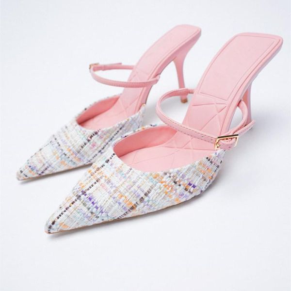 

slippers pointed toe shoes women summer pantofle slides med thin heels female mule heeled mules 2021 cover high rome cotton fabr, Black
