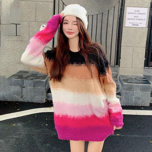 

women's sweaters y2k girl colorful striped knit pullover rainbow lady loose pull sweater autumn o neck long sleeve street sweet jumpers, White;black