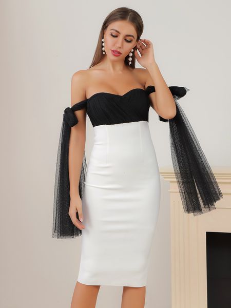 

2021 new ladies off shoulder black white midi cloak bandage designer elegant evening party vestidos vjqx, Black;gray