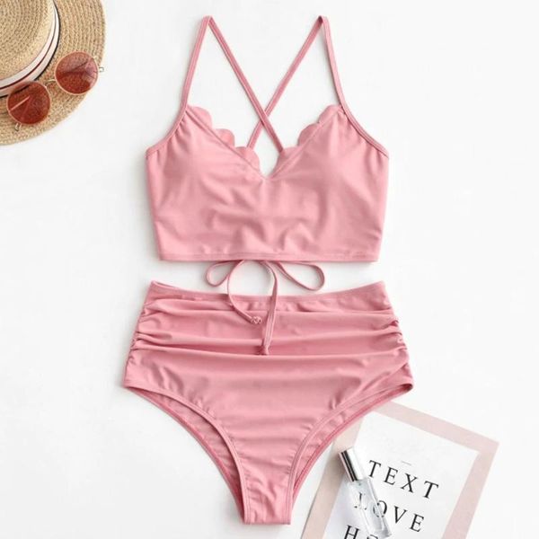 

swimsuit female bikini set beach wear push up high waist women scalloped lace-up ruched tankini swimsuit beachwear biquini