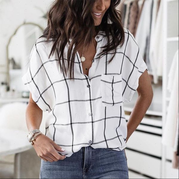 

2021 summer women blouses casual button short sleeve blusas de moda clothes women grid white female shirts femmes office