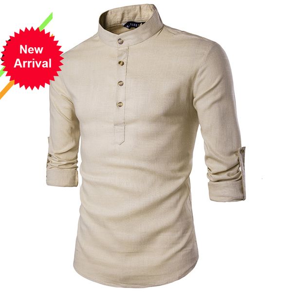 

2021 new autumn/winter warm quality material long sleeved shirts button smart casual for men henry collar cotton and linen 36u9 vspq, White;black