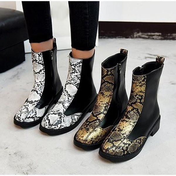 

boots women 2021 autumn pu leather ladies short shoes snake skin patchwork woman square heels fashion female ankle, Black