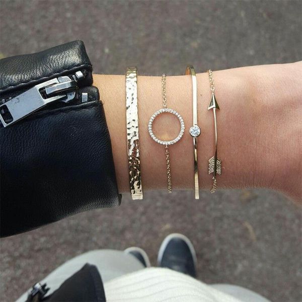 

link, chain 4 pcs/ set punk inlay crystal round arrow bump gold adjustable multilayer bracelet women retro party jewelry gift, Black
