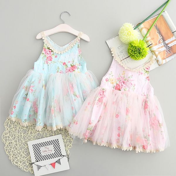 

vieeoease girls dress flower kids clothes 2021 summer sleeveless straps vest floral lace children clothing ku-097, Red;yellow