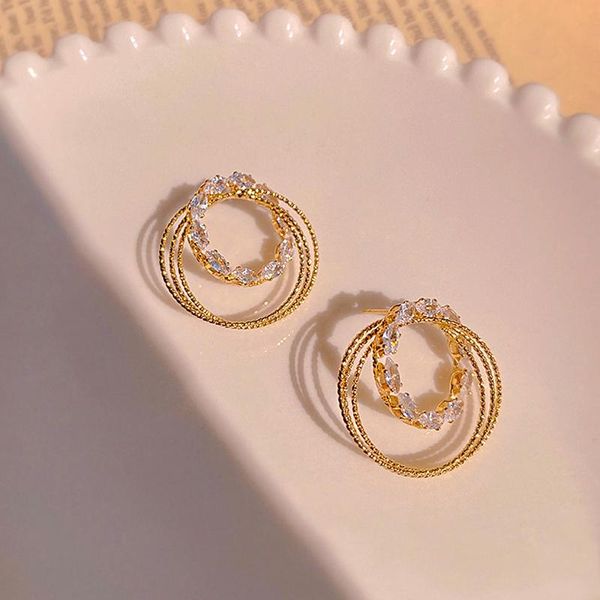 

stud korean fashion flower round earrings for women girl temperament jewelry zirconia s925 needle party ins, Golden;silver