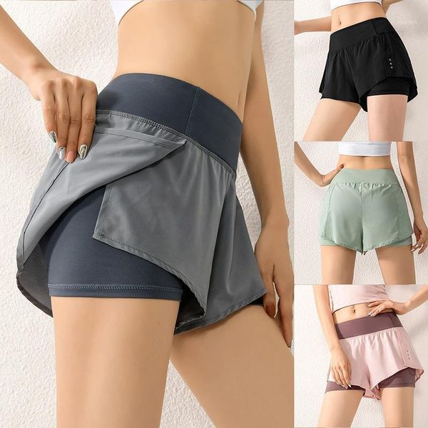 

fake two-piece hakama quick-drying yoga shorts elastic waist pocket tight woman sports short gym fitness sportswear outfit