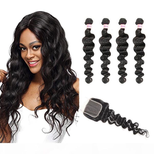

peruvian mongolian indian brazilian malaysian virgin human hair loose deep 3 or 4 bundles with closure loose wave with closure, Black