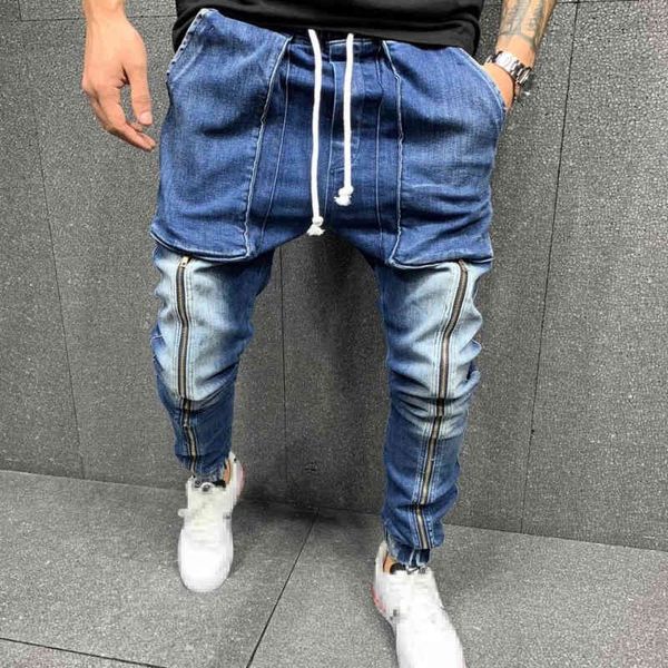 

men gray skinny fashion slim drawstring mid waist hip hop jeans man causal big pocket sport denim pencil pants streetwear, Blue