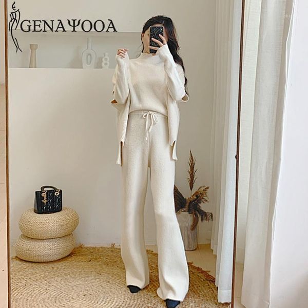 

genayooa knitted 2 piece sweater pants set woman 2021 knitting wide leg and pullover causal two suits 20211, White