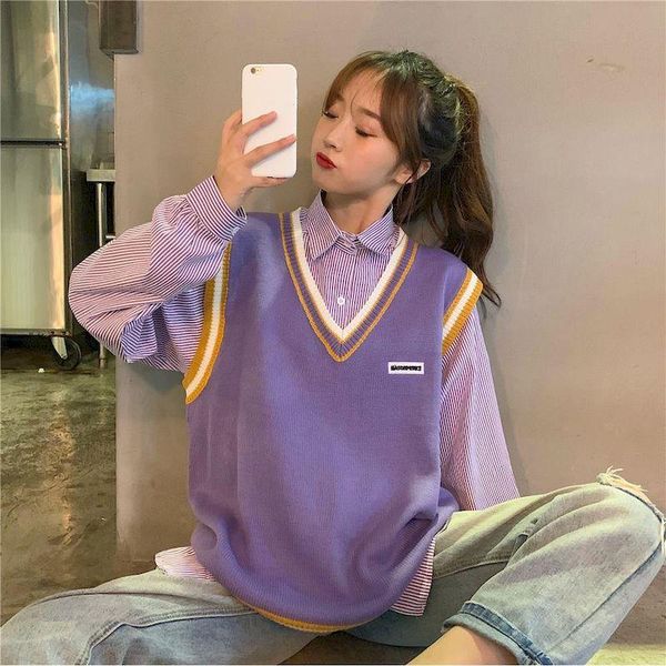 

women's vests purple retro knitted sweater vest women japanese sweet jacket korean style oversized clothes sleeveless young jackets to, Black;white