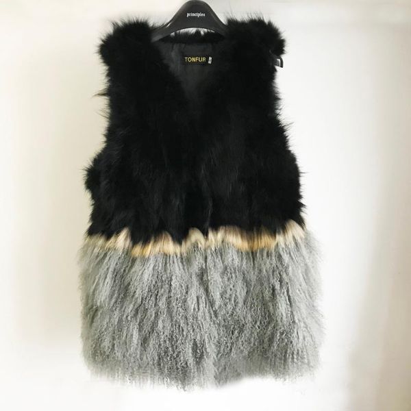 

women's fur & faux arrival real raccoon vest patchwork genuine natural mongolia sheep gilet for women winter spring tbsr461, Black