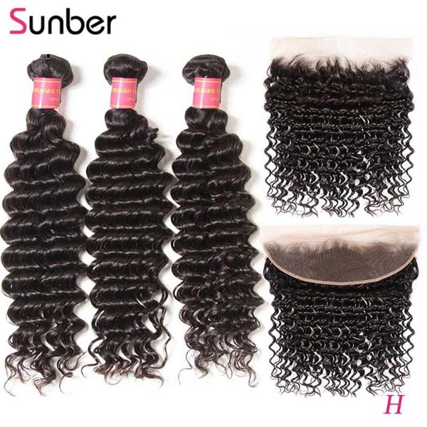 

human hair bulks sunber brazilian deep wave bundles with frontal 13x4inch ear to lace closure remy, Black