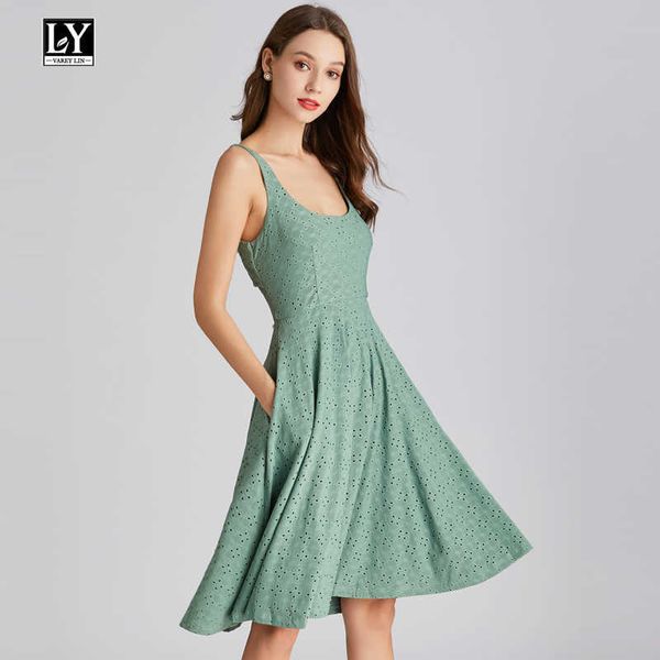 

ly varey lin summer elegant knee-length dress women floral high-quality o neck sleeveless backless female 210526, Black;gray