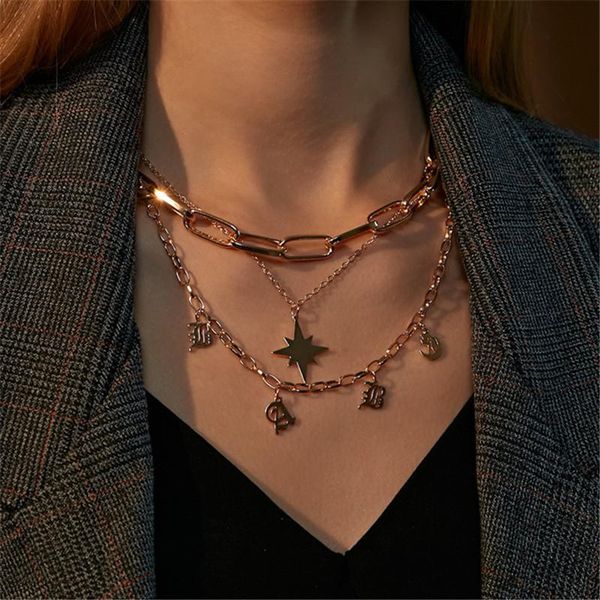 

chokers european and american retro multi-layer letter pendant charms jewelry necklace dainty star chain bridesmaid gift women, Golden;silver