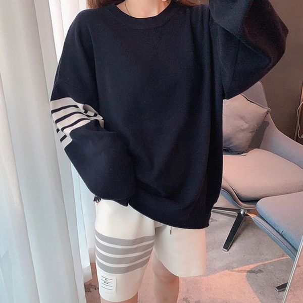 

tb contrast color four stripe long sleeve round neck inverted triangle fall 2021 new loose couple dress, White;black