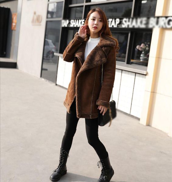 

women's fur & faux sale women winter fake suede leather jackets coats imitation shearling, Black
