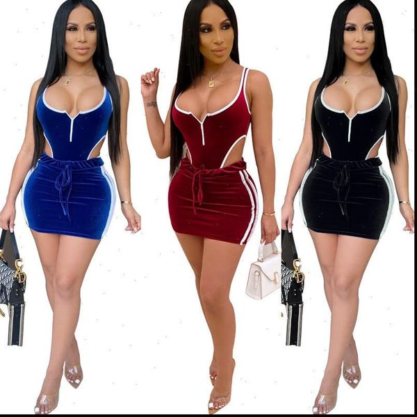 

deep v neck patchwork velvet two pieces front zipper sleeveless bodysuit bodycon high waist mini skirt hollow out clubwear, Gray