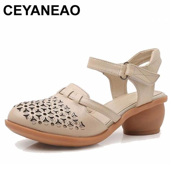 

dress shoes ceyaneao 2021 women thick heels sandals covered toe ethnic style summer genuine leather hollow sandalse1891, Black
