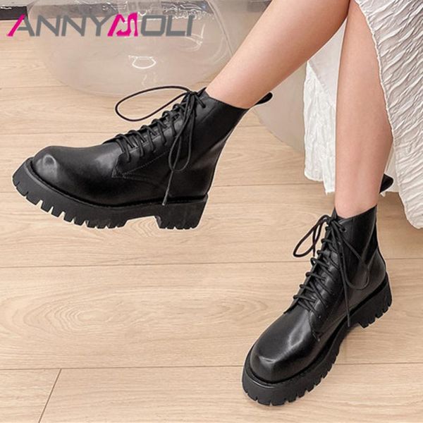 

boots annymoli motorcycle women shoes genuine leather platform mid heel ankle lace up block heels short ladies 40, Black