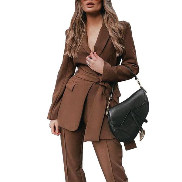 

women's two piece pants elegant 2 outfits women offical lady solid lapel full sleeve belt straight suit autumn vintage streetwear set c, White