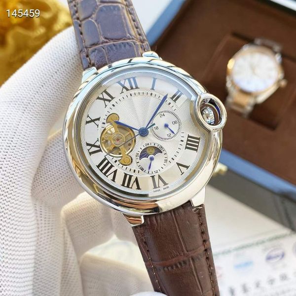 

42mm men's watch mechanical movement 316 stainless watches with big fly wheel real leather strap y145461, Slivery;brown