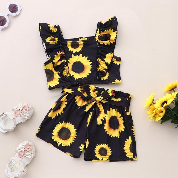 

clothing sets girls sunflower print clothes set flying sleeve square collar cropped short pants with waistband 2pcs outfits baby, White