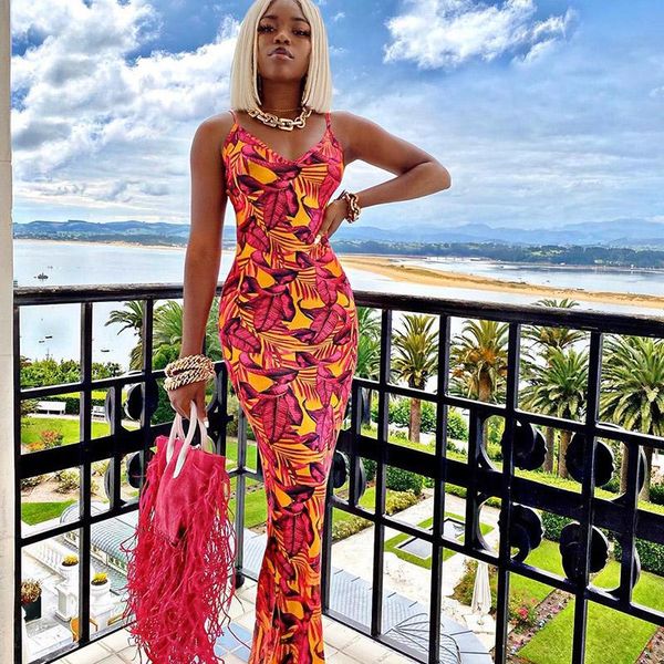 

casual dresses unaiza women summer party evening sleeveless printed v neck bodycon pencil long dress clothes 2021 female clothing wholesale, Black;gray