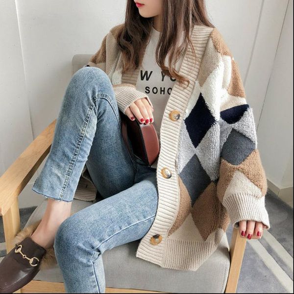 

new womens sweaters autumn winter 2021 fashionable casual plaid v neck cardigans single breasted puff sleeve loose, White;black
