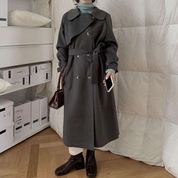 

women's wool & blends alien kitty female double breasted winter 2021 belt retro elegant loose solid women woolen coats chic casual long, Black