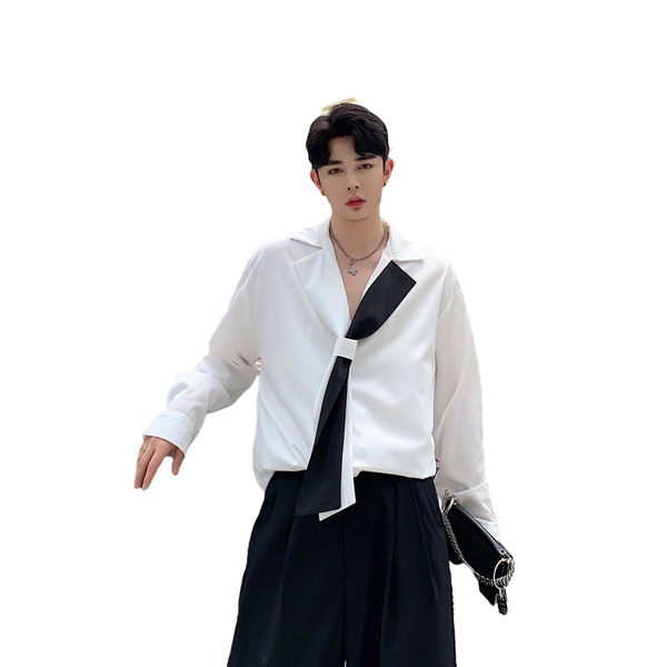 

men's casual shirts male streetstyle hip hop splicing suit bow tie design shirt lapel long sleeve loose korean fashion, White;black