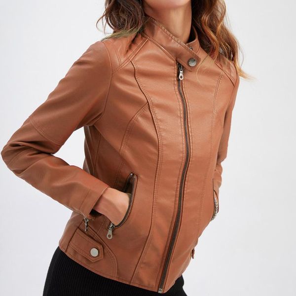 

women leather jacket autumn zipper casual pu soft solid motorcycle leather coat streetwear lady slim fit jacket, Black