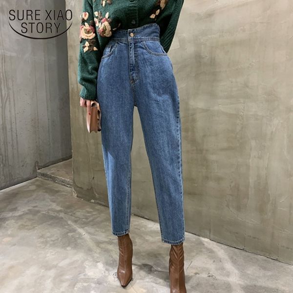 

women harem jeans pants fashion high waist loose white denim jeans female buttons trousers spring new streetwear pantalon 10822 210302, Blue