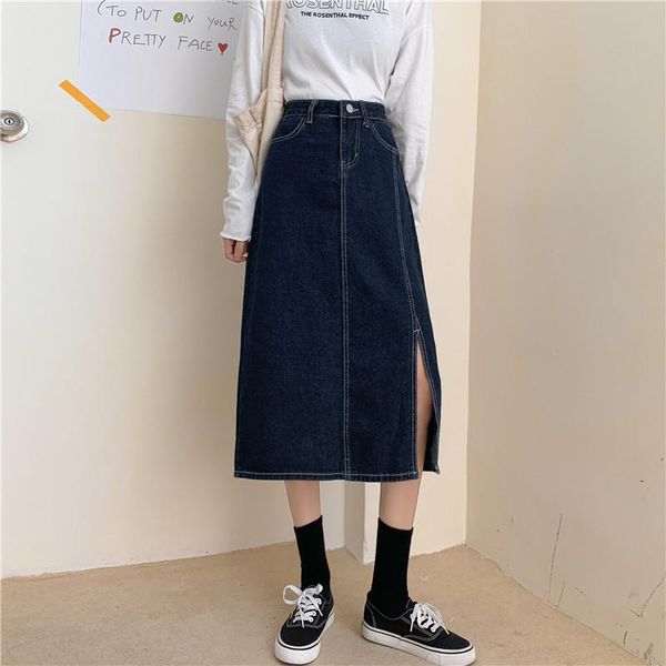 

skirts [ewq] 2021 spring autumn women casual solid color single button over knee plus size empire denim split a-line skirt 8y249, Black