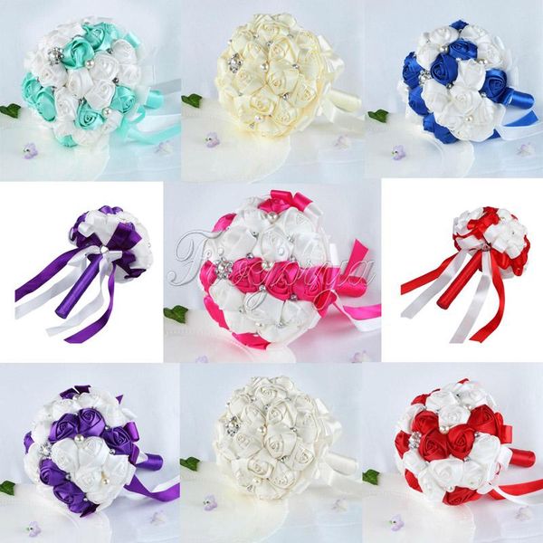 

handmade wedding bouquet bridal artificial satin rose flower rosy rhinestone pearl wedding bouquet decoration