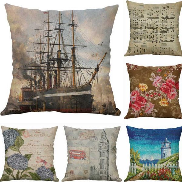 

cushion/decorative pillow fashion 18" printing retro sea horse whale flower cotton linen pillows case home decor