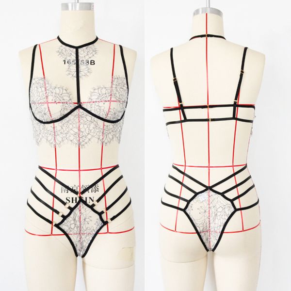 

plus size women sexyy lingerie lace transparent sleepwear underwear bra and briefs set femme halter corset lenceria, Red;black