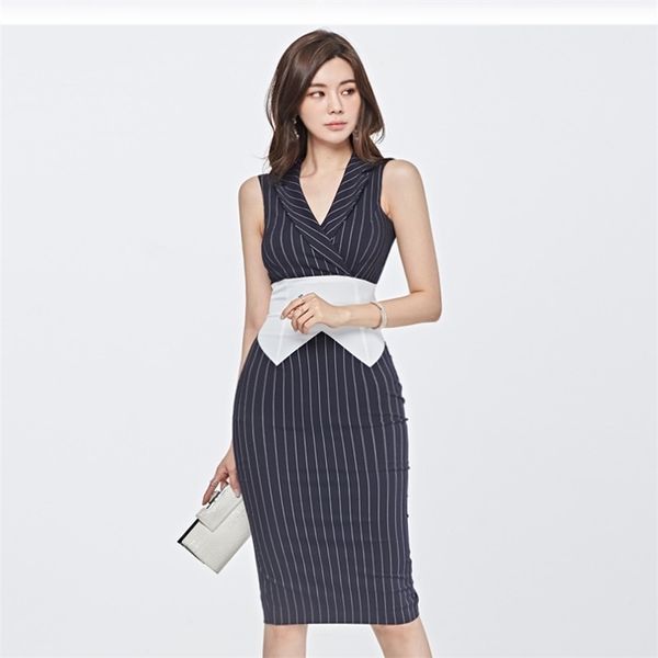 

office dress for women summer stripe korea sleeveless notched neck linen ol ladies formal midi dresses 210602, Black;gray