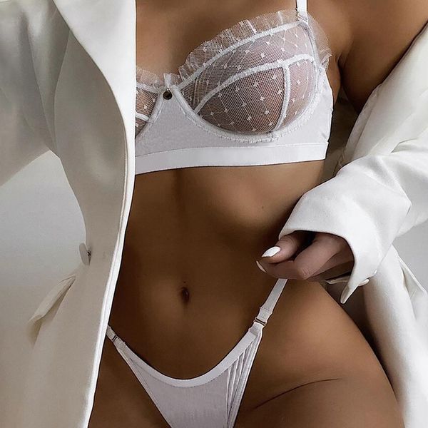 Sexy Set Ruffle Malha Lace Lingerie 2 Peça Mulheres Underwear Set Transparente Bras Panty Breve Conjuntos Branco Sexy Lingerie Seamless Bra Set Q0715