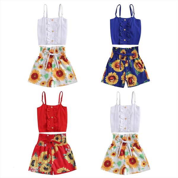

1 6y fashion kids girls clothes sets 2pcs lace sleeveless vest flowers print shorts 3 colors, White