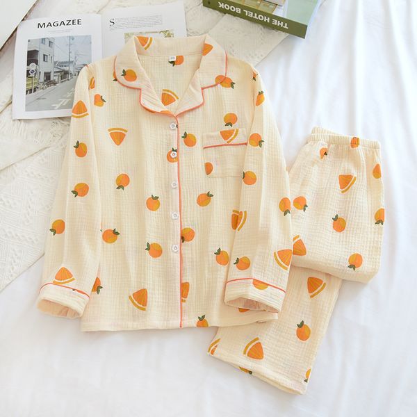 

2021 japanese spring and autumn new ladies cotton crepe cloth long-sleeved trousers pajamas large size loose home service suit summer 019t, Black;brown