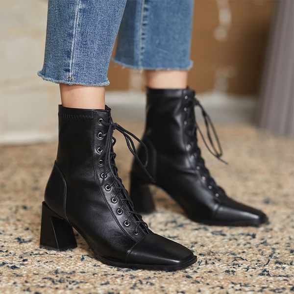 

new ankle boots 2021 autumn winter british comfortable tie genuine leather square toe boot woman high heels bottom short boots, Black
