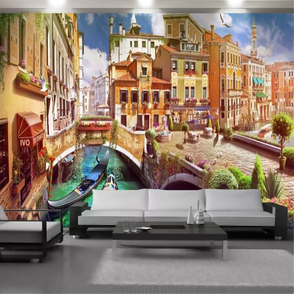 Carta da parati murale con paesaggio 3D Magnifica e alta casa in stile europeo Bella città d'acqua Soggiorno Camera da letto Decorazioni per la casa Sfondi di pittura