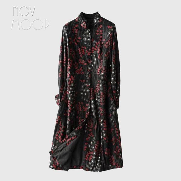 

women's leather & faux novmoop red floral printed women autumn winter sheepskin genuine long coat with collar vetement femme lt3144, Black